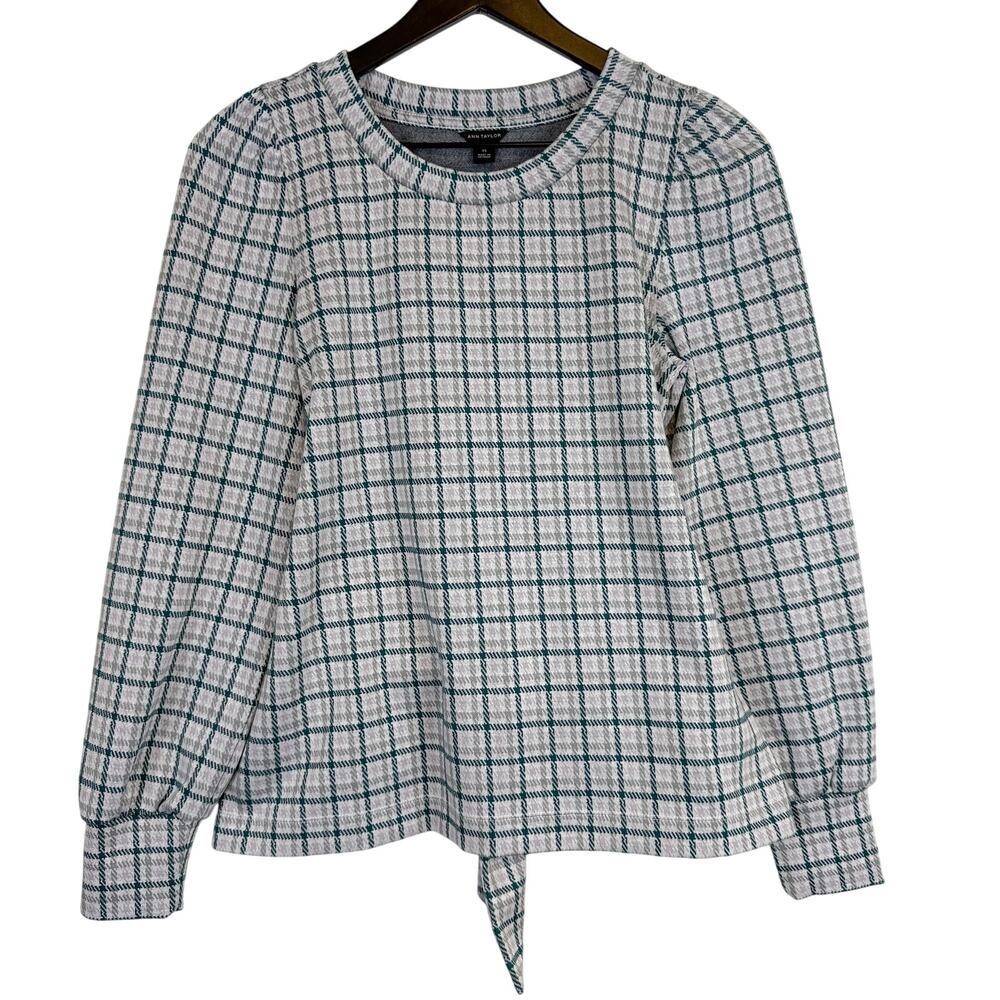 Ann Taylor Houndstooth Plaid Balloon Sleeve Sweater Green Gray Tie Waist - XS